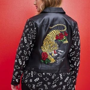 Betsey Johnson Embroidered Trucker Jacket, Faux Leather NWT